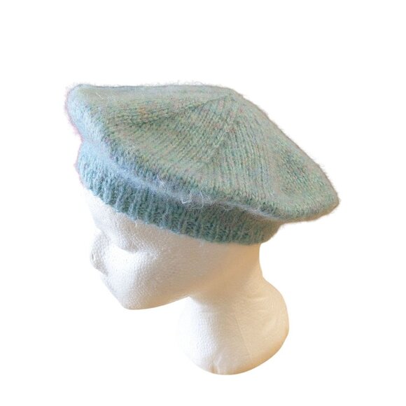 Handmade Womens Fuzzy Beret Hat Light Blue Marled Purple Flecks Winter Warm - Picture 3 of 5